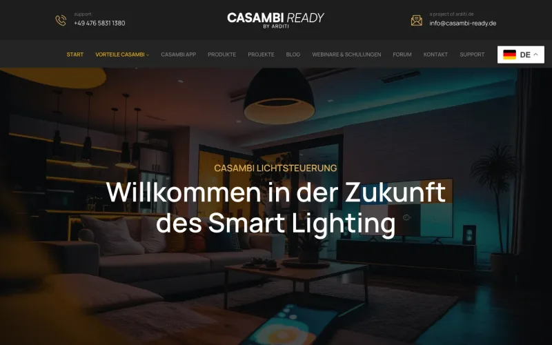 Startseite von Casambi Ready mit smart beleuchtetem Wohnraum. Website erstellt von sorum (Smarte Lichtsteuerung)