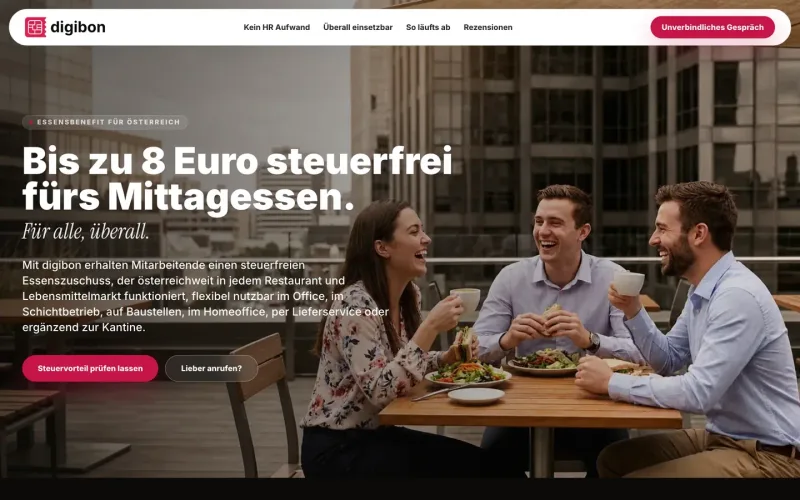 Startseite von digibon mit Kollegen beim Mittagessen. Website erstellt von sorum (Essenszuschuss für Teams)