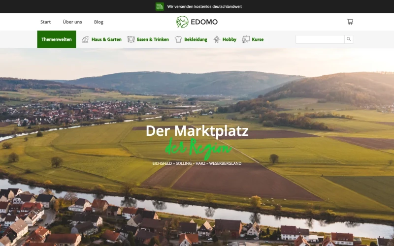 Startseite des regionalen Marktplatzes edomo mit Luftbild einer Flusslandschaft. Website erstellt von sorum (Regionaler Marktplatz)