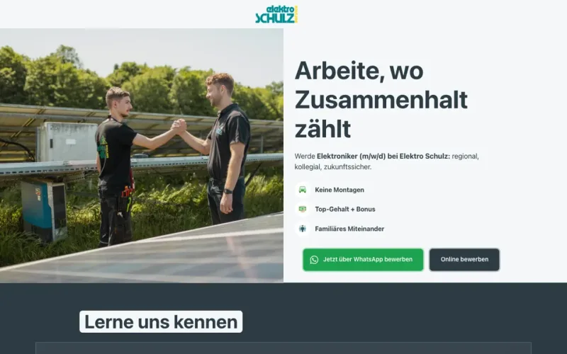 Bewerbungsseite von Elektro Schulz mit zwei Mitarbeitern auf einer Baustelle. Website erstellt von sorum (Elektrohandwerk)