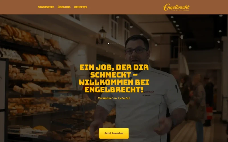 Bewerbungsseite der Stadtbäckerei Engelbrecht mit Blick in eine Filiale. Website erstellt von sorum (Bäckerei)