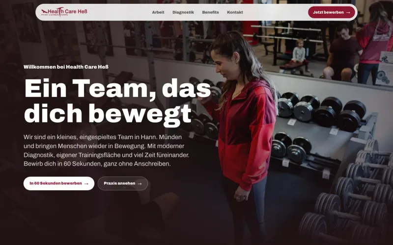 Karriereseite von Health Care Heß: Physiotherapeut:in gesucht in Hann. Münden. Website erstellt von sorum (Physiotherapie)