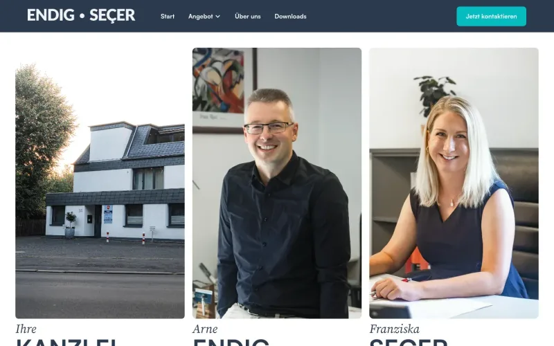 Startseite der Kanzlei Kuhn, Endig und Seçer mit Porträts der Partner. Website erstellt von sorum (Rechtsanwälte und Notare)