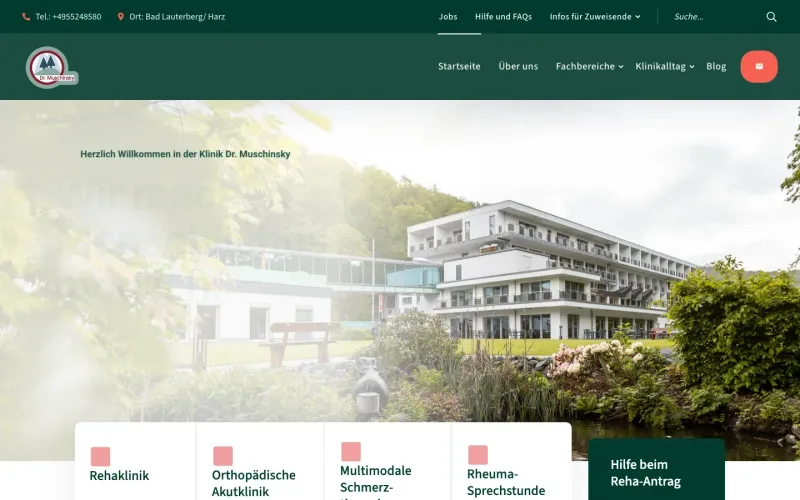 Startseite der Klinik Dr. Muschinsky mit Luftbild des Klinikgebäudes. Website erstellt von sorum (Klinikgruppe)