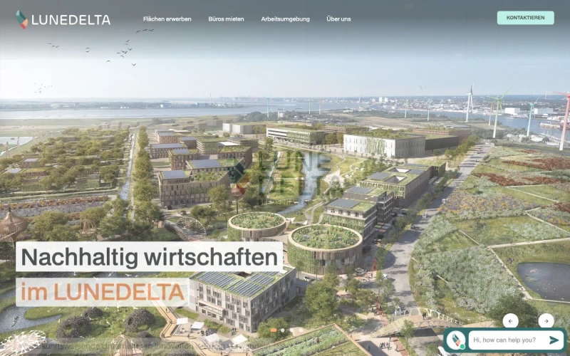Website des Gewerbequartiers Lune Delta mit Luftbild des Geländes. Website erstellt von sorum (Gewerbequartier)